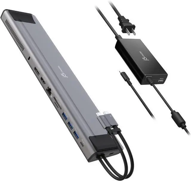 Main image of j5create USB C Dual 4K 60Hz Display Docking Station (12-in-1), Built-in M.2 SSD Slot, HDMI, DisplayPort, 10Gbps USB-A, Card Reader, PD 100W, Ethernet+ j5create USB Type C PD 100W Fast Charger