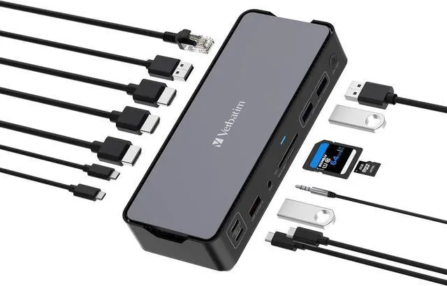 Main image of Verbatim USB-C Pro Docking Station, 15-in-1 Hub, Multiport Adapter to HDMI 4K and 8K, USB-A and USB-C, PD 80W, AUX, Card Reader, for Mac/Windows Laptop and Co