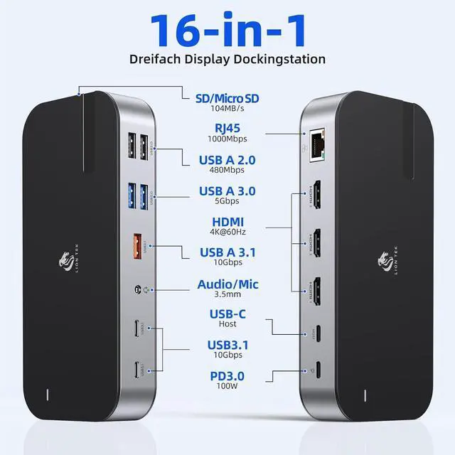 Alt view image 2 of 7 - Laptop Docking Station,16 in 1 Docking Station USB C Docking Triple Monitor,USB C Dock Station with 3 HDMI,PD 100W, USB 3.1/3.0/2.0,RJ 45 Ethernet,SD/TF,Audio for Dell/LenovoIncluding Charging