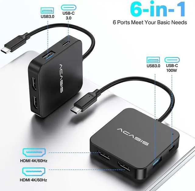 Alt view image 3 of 7 - ACASIS USB C Hub Dual HDMI 4K 60Hz, USB C to Dual HDMI Adapter with 100W PD Charging, 5Gbps Data Transfer, USB C Docking Station Dual Monitor Adapter for  XPS/MacBook/Surface/iPhone 15/Lenovo