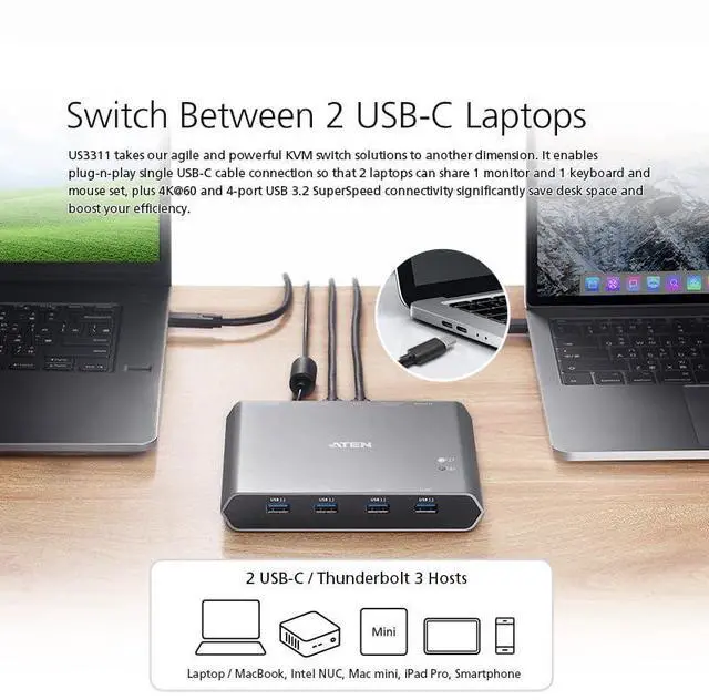 Alt view image 3 of 7 - ATEN US3311 2-Port USB-C KVM Switch 2 PC 1 Monitor DisplayPort Out - 8K / 4K - 144hz 120Hz 60Hz 4-Port USB 3.2 DP 1.4 PD 3.0 for Windows PC and Mac