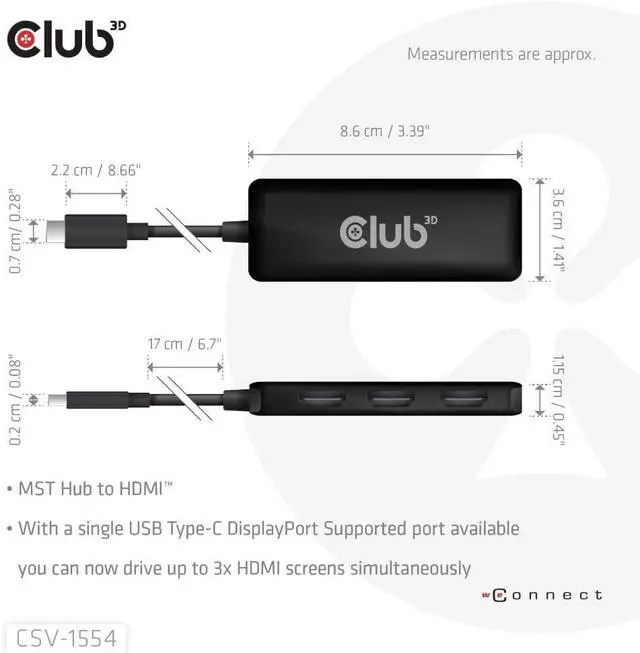 Alt view image 2 of 6 - Club 3D CSV-1554 USB Type C(DP Alt-Mode 2.1) to HDMI Triple Monitor 4K60Hz M/F MST hub
