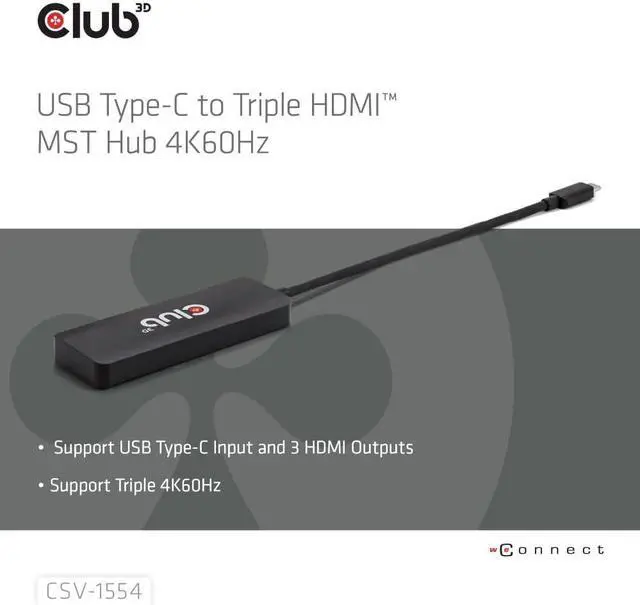 Alt view image 3 of 6 - Club 3D CSV-1554 USB Type C(DP Alt-Mode 2.1) to HDMI Triple Monitor 4K60Hz M/F MST hub