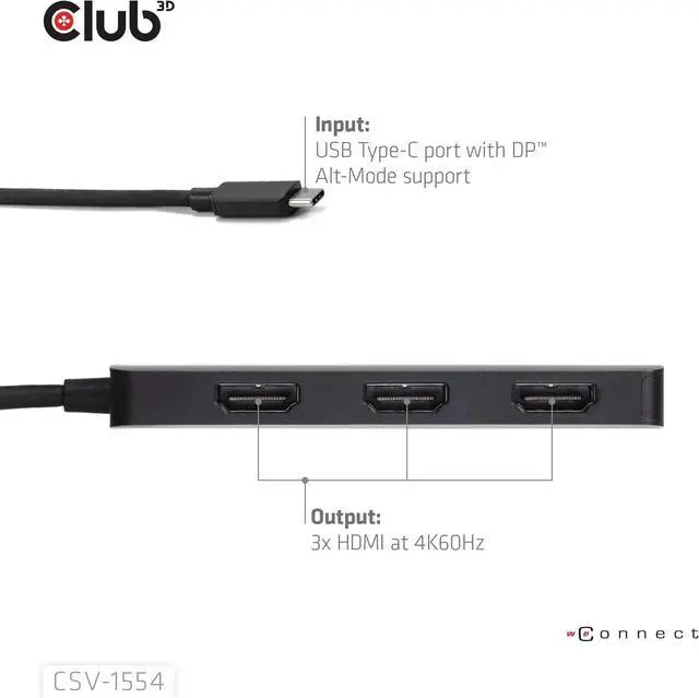Alt view image 4 of 6 - Club 3D CSV-1554 USB Type C(DP Alt-Mode 2.1) to HDMI Triple Monitor 4K60Hz M/F MST hub