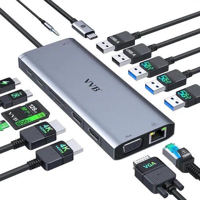 Main image of Docking Station for Laptop Dual Monitor, 14 in 1 USB C Hub Multiport Adapter, USB Type C Hub to Dual 4K HDMI,VGA,100W PD,Ethernet,5 USB,USB C Port,SD/TF,Audio/Mic,USB-C Dock for Dell/HP/Lenovo/Surface