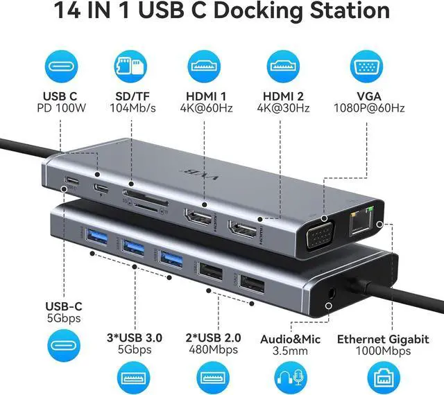 Alt view image 2 of 6 - Docking Station for Laptop Dual Monitor, 14 in 1 USB C Hub Multiport Adapter, USB Type C Hub to Dual 4K HDMI,VGA,100W PD,Ethernet,5 USB,USB C Port,SD/TF,Audio/Mic,USB-C Dock for Dell/HP/Lenovo/Surface