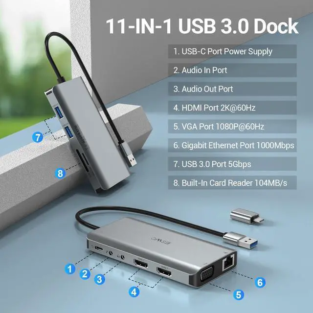 Alt view image 2 of 7 - USB Docking Station, JESWO USB 3.0 Laptop Docking Station Dual Monitor (Dual Video HDMI & VGA, Gigabit Ethernet, Audio, and More USB Ports) Whit Power Adapter