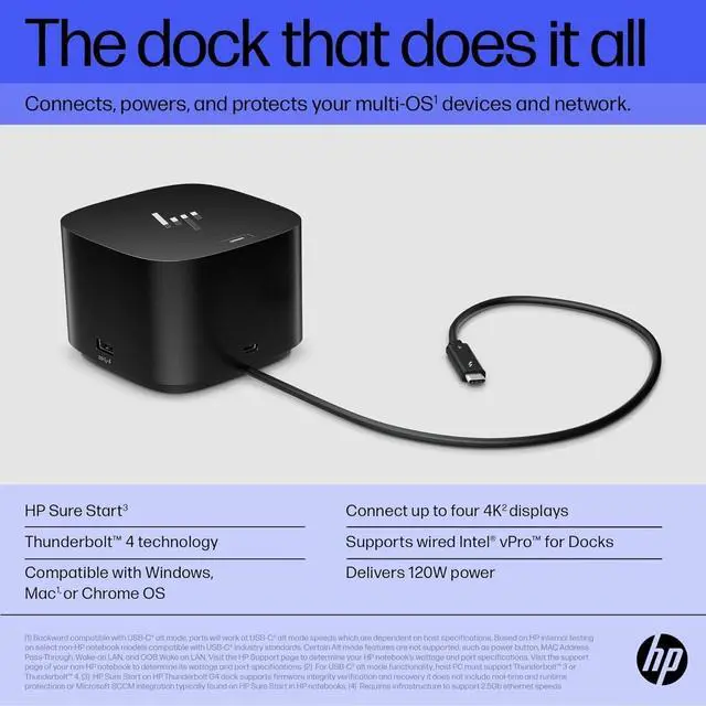 Alt view image 3 of 7 - HP Thunderbolt 4 Dock 120W G4, 13-in-1 USB C Docking Station with Max 100W Charging, 4 Displays 4K Display, Ethernet Port, 6 USB Ports, HDMI, 2 Displayport for Laptop, MacOS, ChromeOS, PC