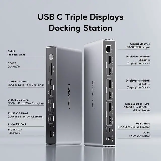Alt view image 2 of 7 - Displaylink Docking Station, PULWTOP USB C DisplayLink Dock Triple Displays for MacBook M1/M2/M3/M4 Windows, 8K/4K@60Hz Displaylink Dock with 3HDMI, 3 Display Port, PD 30W,USB A/C 10Gbps, Ethernet