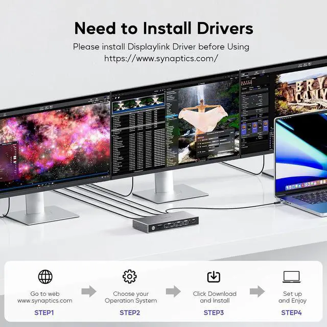 Alt view image 6 of 7 - Displaylink Docking Station, PULWTOP USB C DisplayLink Dock Triple Displays for MacBook M1/M2/M3/M4 Windows, 8K/4K@60Hz Displaylink Dock with 3HDMI, 3 Display Port, PD 30W,USB A/C 10Gbps, Ethernet