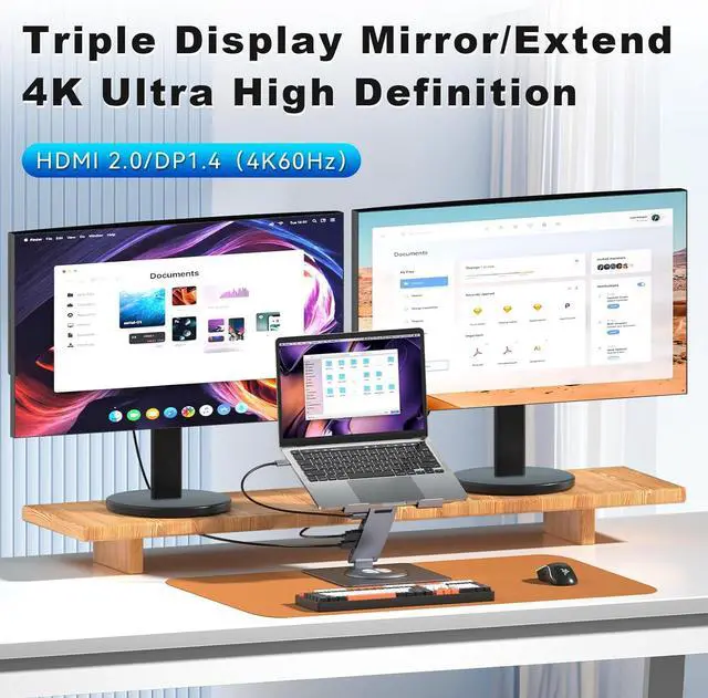 Alt view image 3 of 7 - Laptop Docking Station Stand 11-IN-1 Triple Display HDMI DP 4K60Hz Gigabit Ethernet USB3.1 PD100W SD/TF Card Reader Audio 360°Swivel Laptop Stand with USB Hub for MacBookPro/Air//HP/Surface/