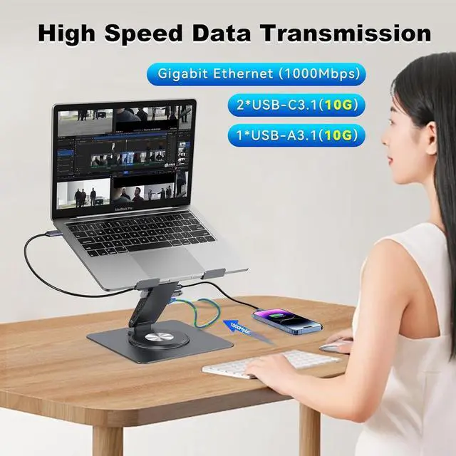 Alt view image 4 of 7 - Laptop Docking Station Stand 11-IN-1 Triple Display HDMI DP 4K60Hz Gigabit Ethernet USB3.1 PD100W SD/TF Card Reader Audio 360°Swivel Laptop Stand with USB Hub for MacBookPro/Air//HP/Surface/