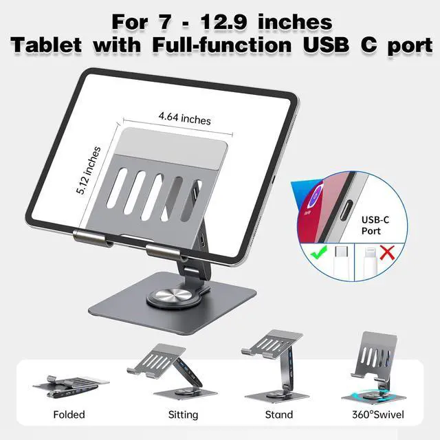 Alt view image 6 of 7 - HC Universal Docking Station for iPad Mini Air Pro Galaxy Tab iPhone Adjustable 7-in-1 USB Hub 360°Rotatable iPad Stand with USB C Hub 12.9 inch 4K HDMI USB 3.0 PD 100W 3.5mm Audio SD/TF Card Reader