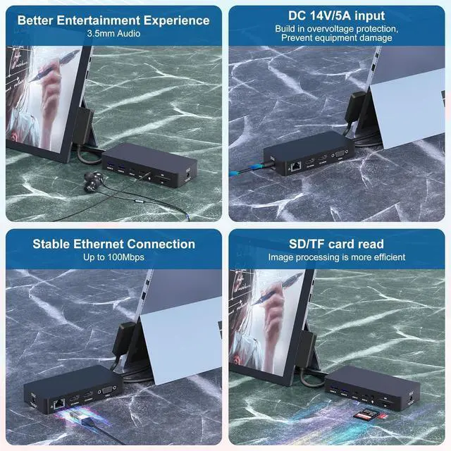 Alt view image 6 of 7 - Microsoft Surface Docking Station - Triple Displays 2 HDMI+VGA, 12 in 1 Surface Dock for Microsoft Surface Pro 11/10/9/8/X/7/6/5/4/3, Surface Laptop 7/6/5/4/3/2/1, Surface Laptop Go 3/2, Surface Book