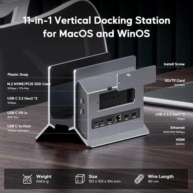Alt view image 2 of 7 - Vertical USB C Docking Station for MacBook Pro Air, Laptop Docking Station with M.2 SSD Expansion Slot, HDMI 4K, 4 USB A/C Max 10Gbps, RJ45, SD/TF, PD Dock for Full-Featured Type-C Laptops