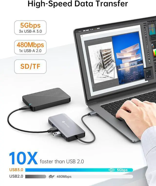 Alt view image 3 of 7 - USB C Docking Station, NOVOO Triple Display Type C Hub Dual Monitor HDMI 4K@60Hz DP Multiport Adapter 4USB Ethernet SD/TF 100W PD Dongle Data for Dell/Surface/HP/Lenovo Thinkpad Laptop