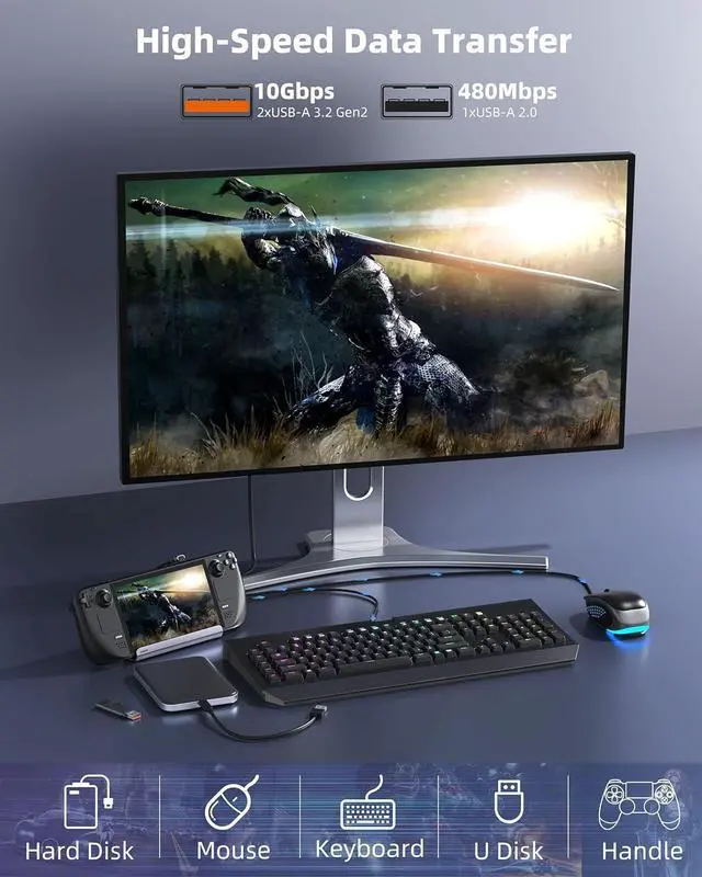 Alt view image 5 of 7 - M.2 Steam Deck Dock, Steam Deck Stand(6-in-1) with HDMI 2.0 4K@60Hz, Gigabit Ethernet 1000Mbps, 10Gbps USBA 3.2, 100W USB C PD Charging, USB 2.0, 10Gbps Docking Station for Valave Steam Deck/ROG Alloy