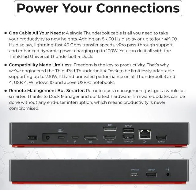 Alt view image 6 of 6 - 40B00300US Lenovo Docking Station USB C Bundle - 1 Year Warranty, Supports 4K Display, Thunderbolt 4 Dock with 300W Adapter, Anyhdd HDMI, DisplayPort, Thunderbolt Cables & Cloth