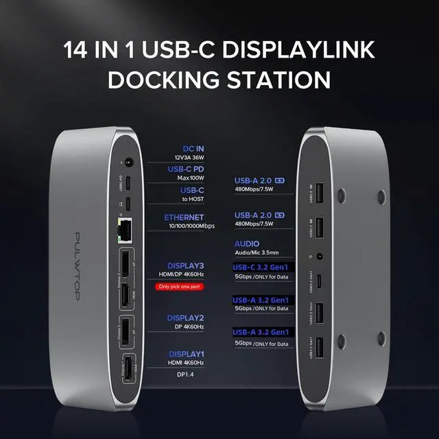Alt view image 2 of 7 - Displaylink Docking Station, Triple Display DisplayLink Dock for MacBook M1/M2/M3 Windows, 4K@60Hz Laptop Docking Station with 2 HDMI, 2 Display Port, PD, USB C Data, 4 USBA, Ethernet, Audio