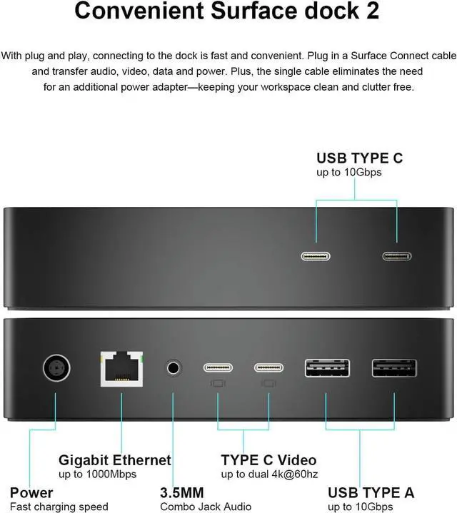 Alt view image 2 of 7 - Surface Dock 2,Surface Docking Station 2 with 199W Power Supply,Type-C 4K Display Port*2,USBA*2/Type C*2 Data Transmission,1G Ethernet,Audio Compatible with Surface Laptop,Go,Pro 11/10,Book 3/2