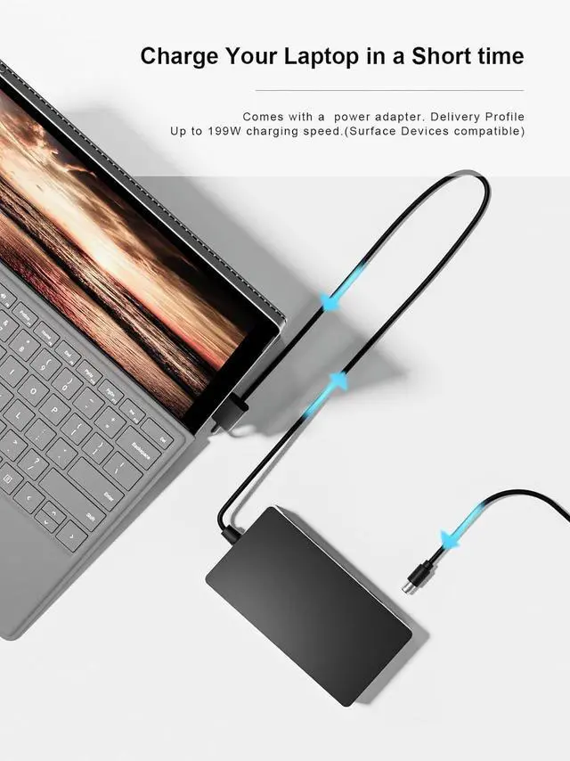 Alt view image 4 of 7 - Surface Dock 2,Surface Docking Station 2 with 199W Power Supply,Type-C 4K Display Port*2,USBA*2/Type C*2 Data Transmission,1G Ethernet,Audio Compatible with Surface Laptop,Go,Pro 11/10,Book 3/2