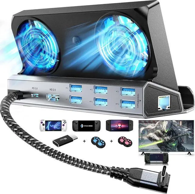 Main image of Dual Cooling Fans 12 in 1 Steam Deck Docking Station with 4K@60Hz 2.0,6 USB Ports,1000Mbps,USB-C 100W PD,40Gbps Adapter for Steam Deck/Rog Ally/Switch/Legion Go