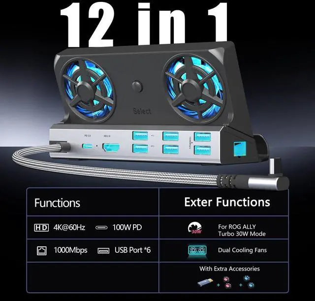 Alt view image 2 of 6 - Dual Cooling Fans 12 in 1 Steam Deck Docking Station with 4K@60Hz 2.0,6 USB Ports,1000Mbps,USB-C 100W PD,40Gbps Adapter for Steam Deck/Rog Ally/Switch/Legion Go