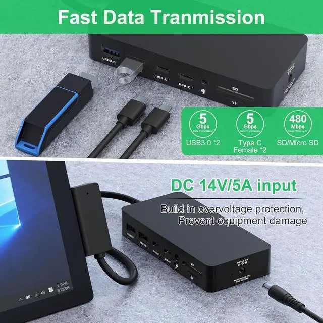 Alt view image 5 of 7 - Microsoft Surface Docking Station,Triple Displays 2 HDMI+VGA, 12 in 1 Surface Dock for Microsoft Surface Pro 11/10/9/8/X/7/6/5/4/3, Surface Laptop 6/5/4/3/2/1, Surface Laptop Go 3/2/1, Surface Book