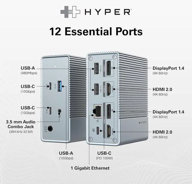 Alt view image 3 of 7 - HyperDrive USB-C & Thunderbolt 4 GEN2 12-in-1 Docking Station, 100W PD for MacBook Pro/Air, iPad, PC, 4K USB C Triple Display, 10Gbps, Gigabit Ethernet