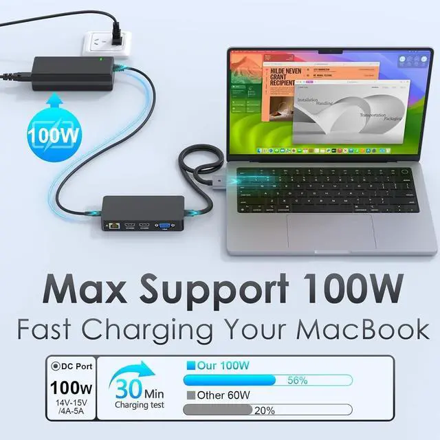Alt view image 6 of 7 - 12-in-2 Docking Station MacBook Pro Triple Display Dual HDMI+VGA with 100W Power Adapter, 4K@60Hz Mac Dock for MacBook Pro Air M1/M2/M3 Pro with 2*HDMI VGA Ethernet SD/TF Audio 4*USB 96W PD US