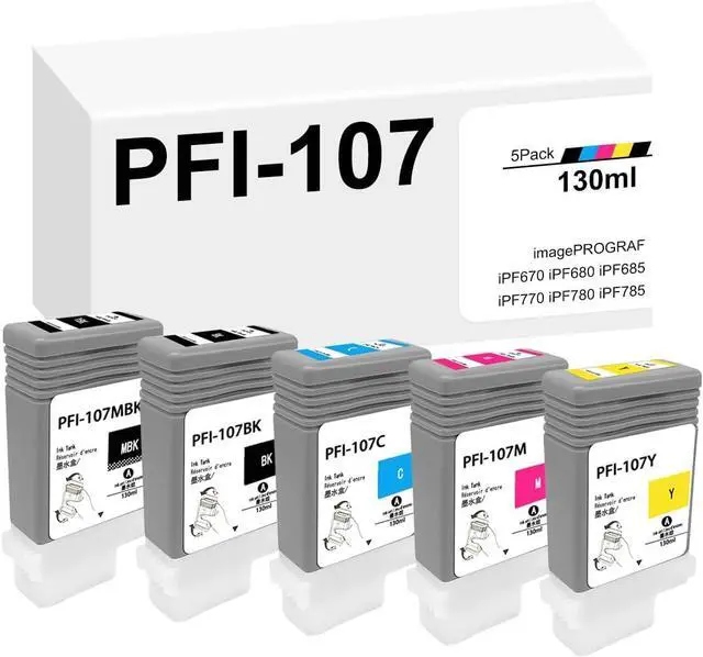 Main image of PFI107 PFI-107 Set (5-Pack) Replacement for Canon PFI-107 Ink Cartridges PFI-107MBK PFI-107BK PFI-107C PFI-107M PFI-107Y for imagePROGRAF iPF670 iPF680 iPF685 iPF770 iPF780 iPF785 Printers