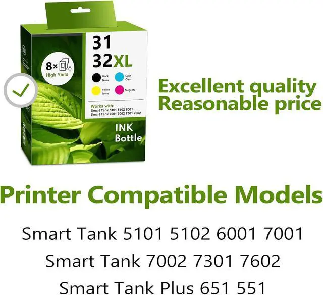 Alt view image 2 of 7 - 32XL/31 Black Cyan Yellow Magenta High Yield Ink Refills 8/Pack-1VV24AN 1VU26AN 1VU27AN 1VU28AN Replacement for HP 31 32XL for Smart Tank 5101 5102 6001 7001 7002 7301 7602 Plus 651 551 Ink Tank