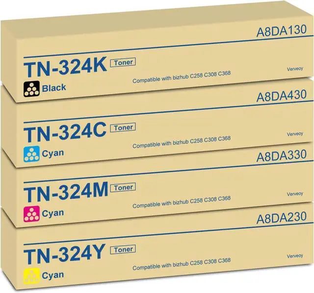 Main image of TN324 TN-324 Toner Cartridge Set 4-Pack A8DA130 A8DA430 A8DA230 A8DA330 Replacement for Konica Minolta TN324K TN324C TN324M TN324Y High Yield Toner Cartridge for Bizhub C258 C308 C368 Printer (4-Pack)
