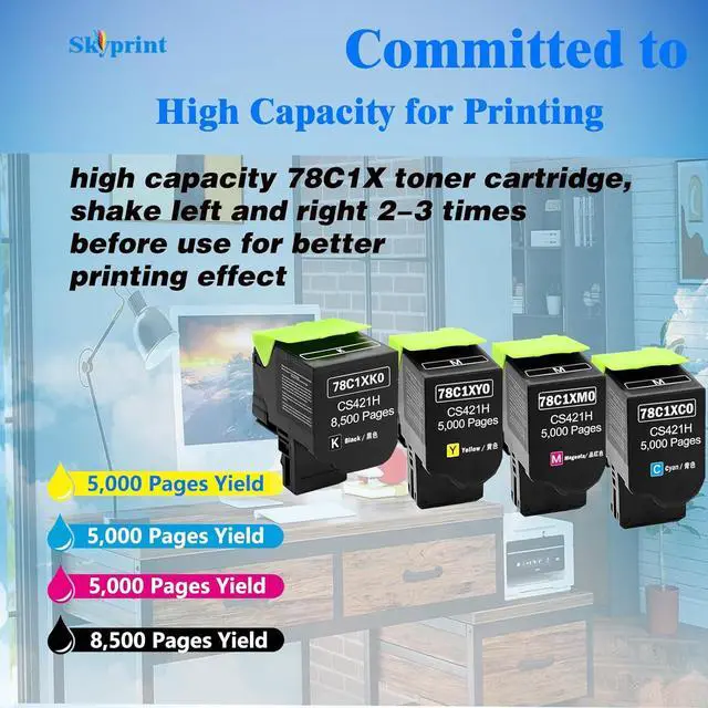 Alt view image 3 of 6 - Ennovor High Yield 78C1XK0 78C1XC0 78C1XM0 78C1XY0 Toner Cartridge Replacement for Lexmark 78C1X Toner CS421 CX421 CS421dn CX421adn CS521dn CX622ade CS622de CX625ade CX625adhe Printer BK:8,500 Pages