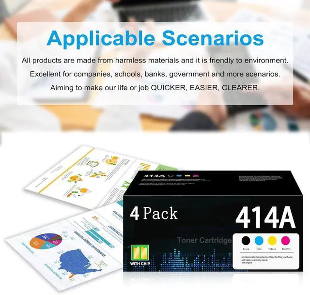 Alt view image 6 of 6 - 414A Toner Cartridges with Chip 4-Pack W2020A Black, W2021A Cyan, W2022A Yellow, W2023A Magenta Works with Color Laserj Pro MFP M479 Series, Color Laserj Enterprise M455dn, MFP M480f; Pro M454 Series