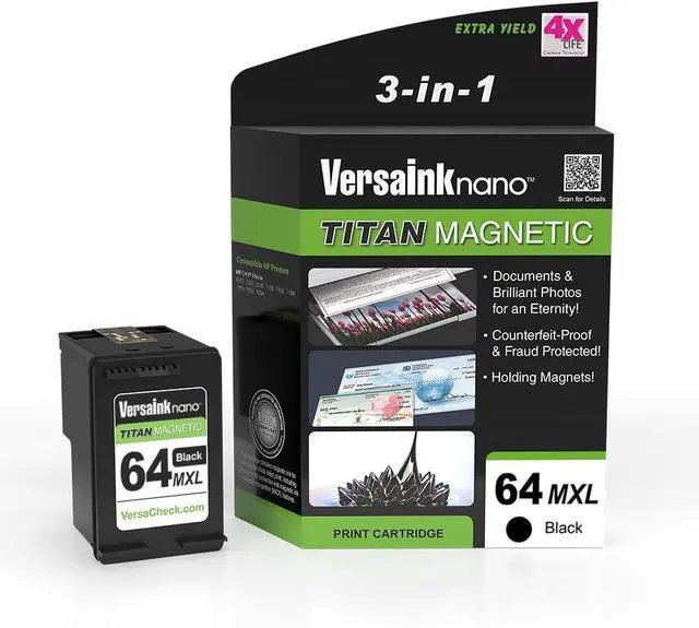 Main image of Ennovor VersaInk-Nano HP 64 MXL Titan-Magnetic (MICR 3-in-1) Black Ink Cartridge Replacement of HP 64 and 64 XL, Works with HP Envy 6255,7155,7855,7255e,7955e,Tango