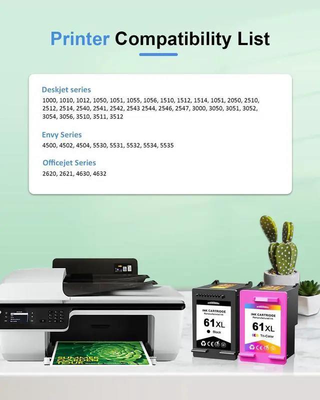 Alt view image 2 of 6 - 61XL Ink Cartridge Combo Pack Replacement for HP 61 Black/Tri-Color Ink for HP DeskJet 1000 1010 1050 1510 2050 2510 2540 Envy 4500 5530 OfficeJet 2620 4630 (1Black/ 1Tri-Color)