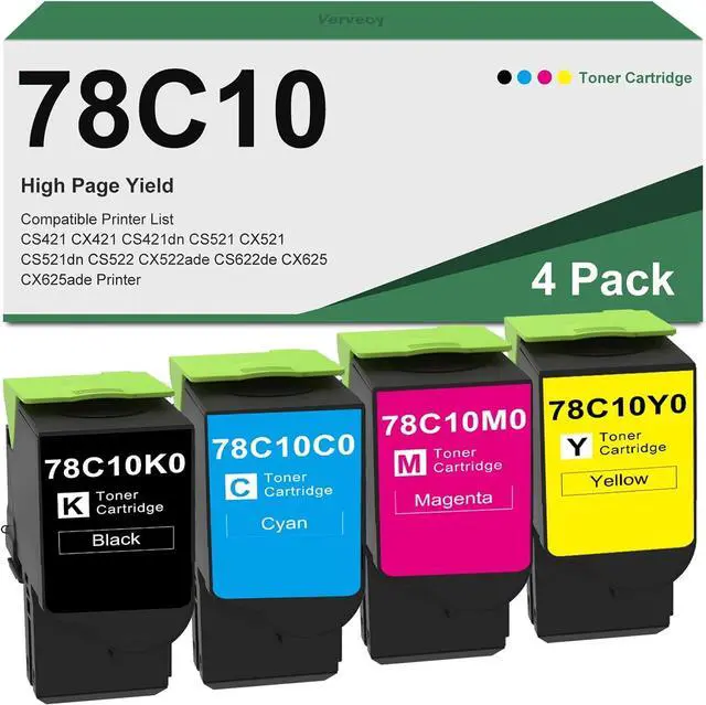 Main image of Remanufactured 78C10K0 78C10C0 78C10M0 78C10Y0 Black Cyan Magenta Yellow High Yield Toner Cartridge Replacement for Lexmark 78C10 Toner for CS421 CS521 CS622 CX421 CX522 CX622 CX625 Printer (4-Pack)