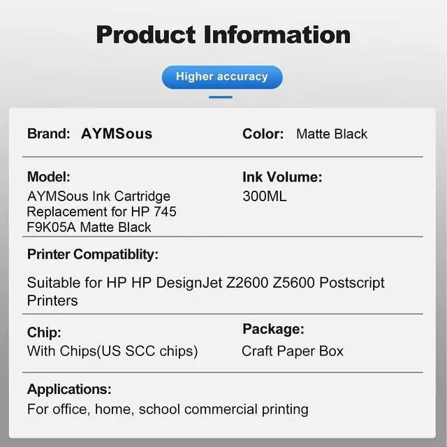 Alt view image 2 of 7 - 745 Ink Cartridge Replacement for HP745 F9K05A for HP 745 Matte Black for HP DesignJet Z2600 Z5600 Postscript Printers (300ML - Matte Black)
