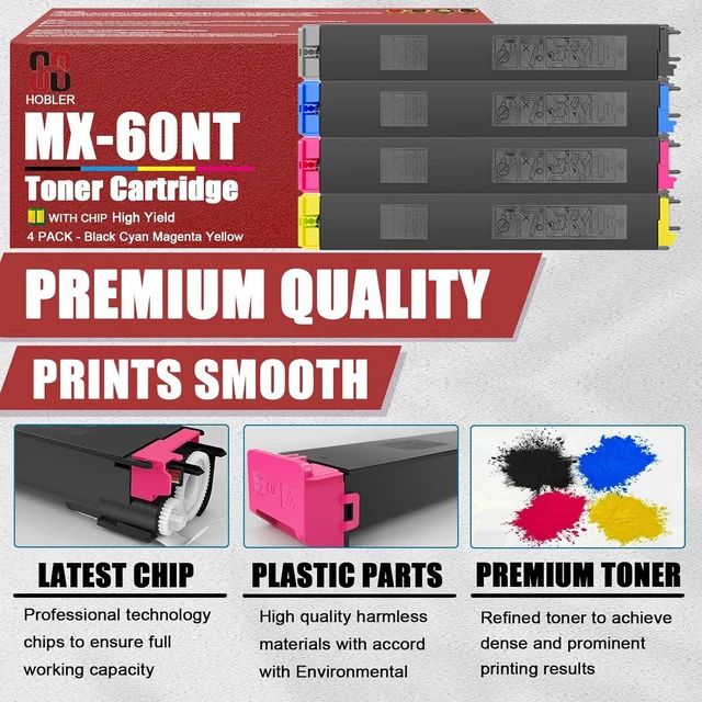 Alt view image 4 of 7 - MX-60NT Toner Cartridges Compatible for Sharp MX-60NTBA MX-60NTCA MX-60NTMA MX-60NTYA Toner Cartridge Work for Sharp MX-2630 3050 3070 3550 3570 4050 4070 Printers 1 Yellow Pack