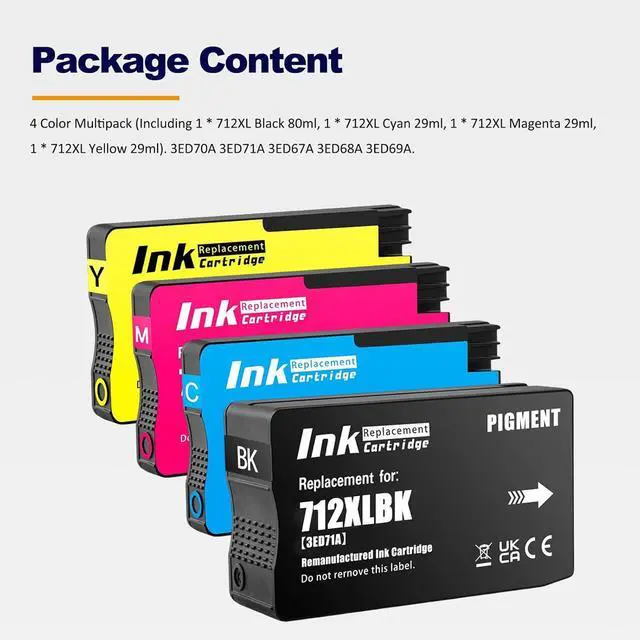 Alt view image 2 of 6 - 712 712XL 712 XL Ink Cartridges Replacement for DesignJet T650 T630 T250 T230 T210 Studio Plotter Printer (4-Pack, 80-ml Black, 29-ml Cyan/Magenta/Yellow)