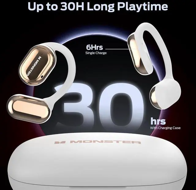 Alt view image 5 of 7 - Monster Open Free AC100 Open Ear Bluetooth 5.3 Headphones, Wireless Earbuds with Earhooks, Immersive Stereo Sound by 16mm Large Driver, Clear Calls, 30H Playtime, Waterproof Sport Earbuds for Running