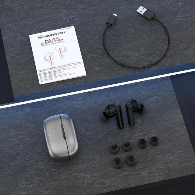 Alt view image 7 of 7 - Monster N-Lite Clear Talk Wireless Earbuds Bluetooth 5.3 Headphones, IPX8 Waterproof in-Ear Stereo Earphones 60H Playtime, with Fast Charging for Sport, Bright Silver, MH22107
