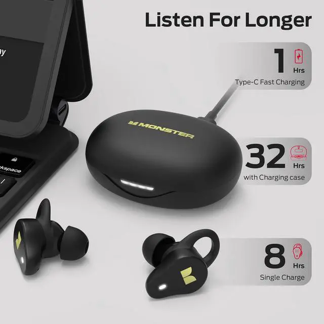 Alt view image 4 of 7 - Monster N-Lite 210 Wireless Earbuds, Bluetooth 5.4 in-Ear Stereo Headphones, Built-in Mic for Crystal Clear Call, 32H Playtime, Type-C Charging, Waterproof in-Ear Ear Buds Earphones for Sports, Black
