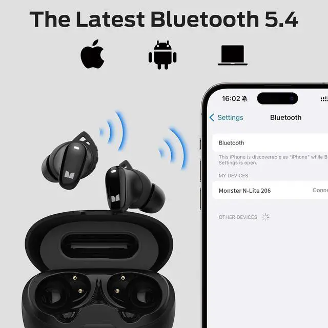 Alt view image 5 of 7 - Monster N-Lite 206 Bluetooth Wireless Earbuds in Ear Headphones, Bluetooth 5.4 Ear Buds Built-in Mic, Comfortable Fit, Touch Control, Type-C Fast Charging, IPX6 Waterproof, 25H Playtime, Black
