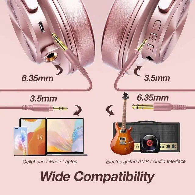 Alt view image 5 of 7 - OneOdio A70 Bluetooth Over Ear Headphones, Wireless Headphones w/ 72H Playtime, Hi-Res, 3.5mm/6.35mm Wired Audio Jack for Studio Monitor & Mixing DJ Guitar AMP, Computer Laptop PC Tablet - Rose Gold