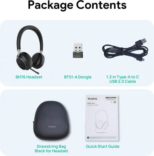 Alt view image 3 of 7 - Yealink BH76 (2022 Old Edition) Wireless Headset Active Noise Cancelling (ANC) Bluetooth Headphone with Retractable Mic-Boom, Teams Certified On-Ear Headphone, up to 35h Talking Time, USB-A Dongle
