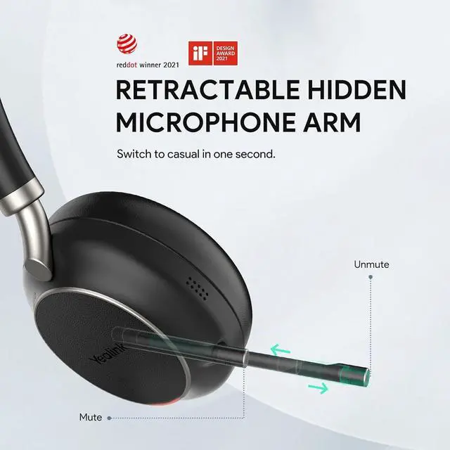 Alt view image 7 of 7 - Yealink BH76 (2022 Old Edition) Wireless Headset Active Noise Cancelling (ANC) Bluetooth Headphone with Retractable Mic-Boom, Teams Certified On-Ear Headphone, up to 35h Talking Time, USB-A Dongle