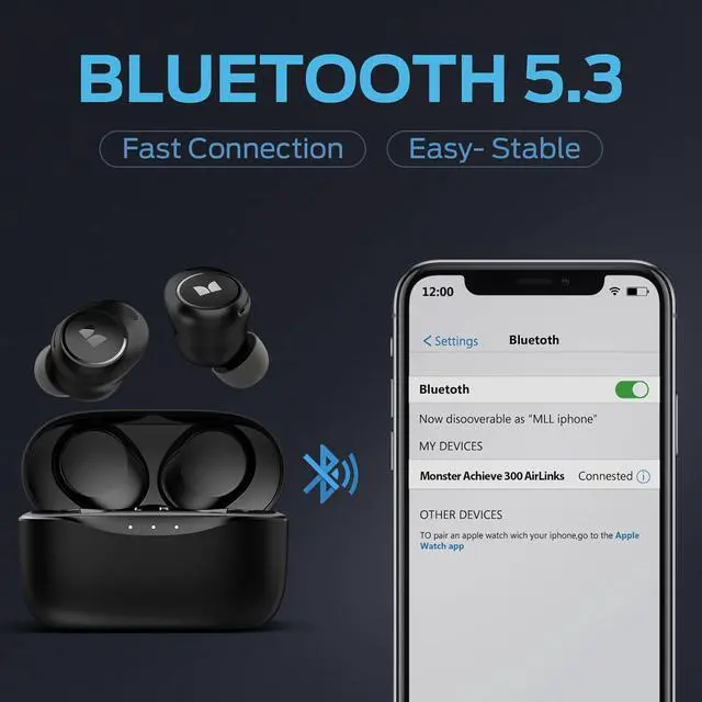 Alt view image 2 of 7 - Monster Wireless Earbuds, Achieve 300 AirLinks Headphones Touch Control with Bluetooth 5.3 in-Ear Stereo Headphones, USB-C Quick Charge, Bluetooth Earbuds