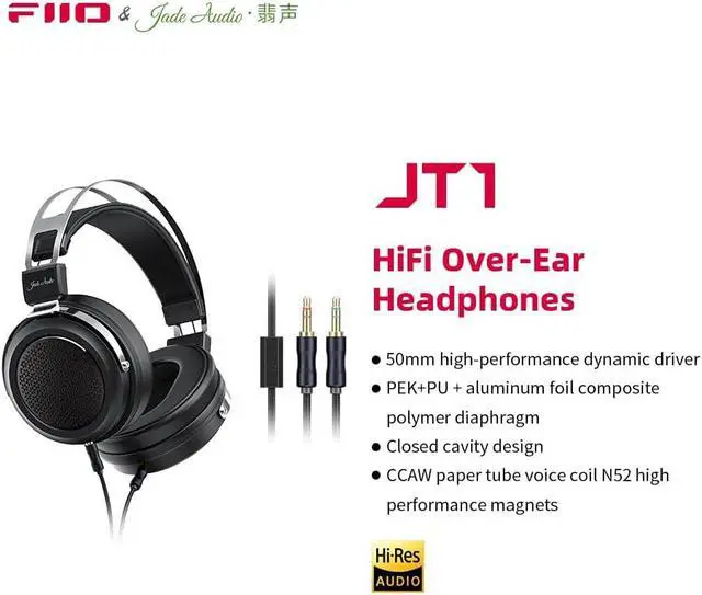 Alt view image 3 of 7 - FiiO JadeAudio JT1 Professional Studio Headphones for Recording Gaming Headset with Microphone, 50mm Diaphragms, Hi-Res Music Studio Headset